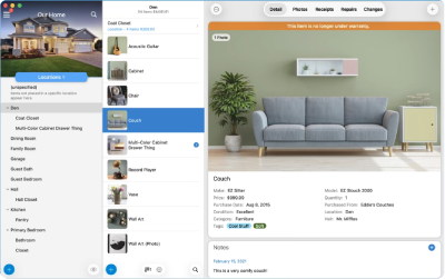 Inventory screen displaying item details and documentation